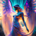 Ethereal winged being in glowing blue attire on vibrant sunset backdrop