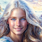 Portrait of a young woman with blue eyes and blond hair against a castle by the sea