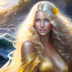 Fantasy digital artwork: Blonde woman with blue eyes and golden accessories by the sea at sunset