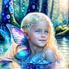 Young girl with butterfly wings in magical forest with water droplets