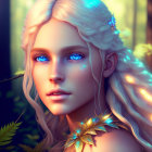 Fantasy female digital portrait with blue eyes and blond hair in forest setting