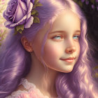 Smiling girl with lavender hair and roses in whimsical purple flower setting