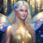 Blonde Winged Fairy with Blue Flowers in Golden Gown in Enchanted Forest