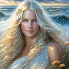 Blond woman with crown in fantasy sea setting