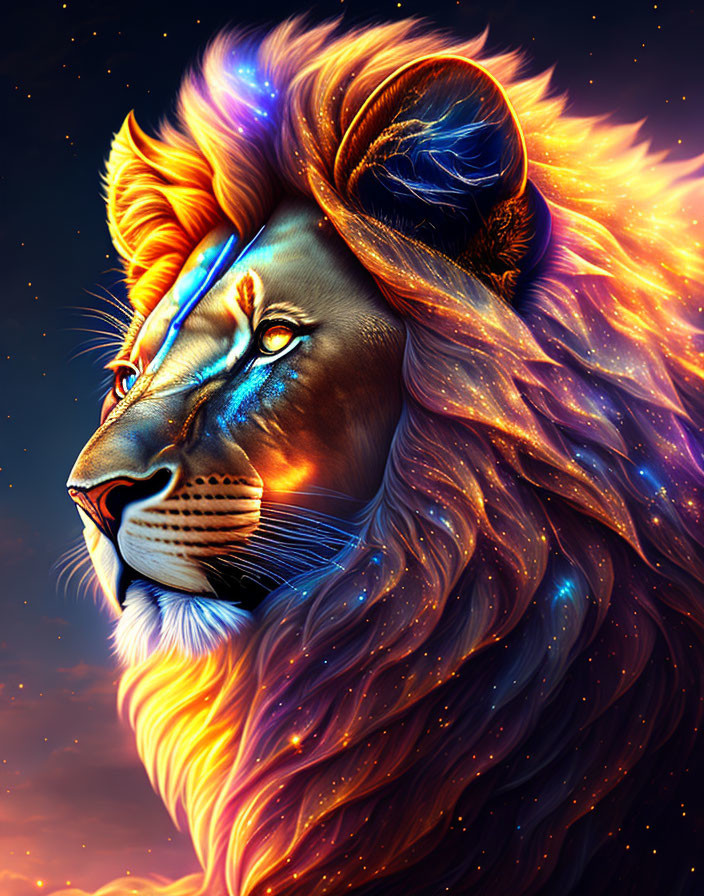 Colorful lion head illustration with fiery gradient mane on starry night sky