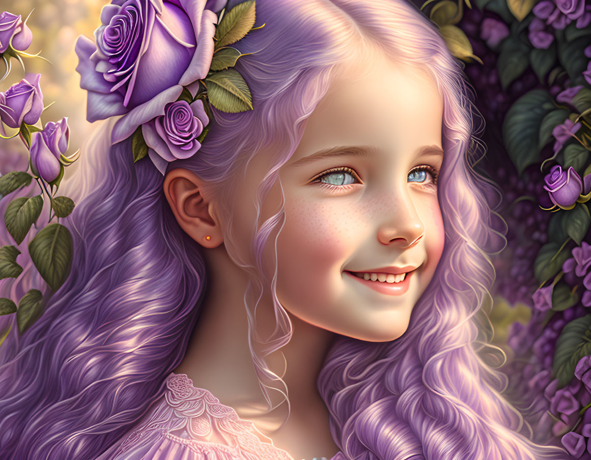 Smiling girl with lavender hair and roses in whimsical purple flower setting