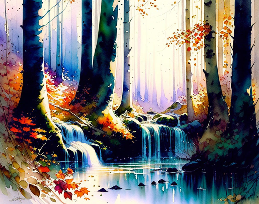 Serene forest waterfall scene with autumn foliage in vibrant watercolor