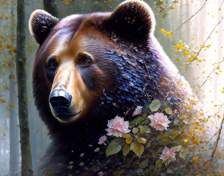 Detailed bear head in forest with sunlight and pink flowers