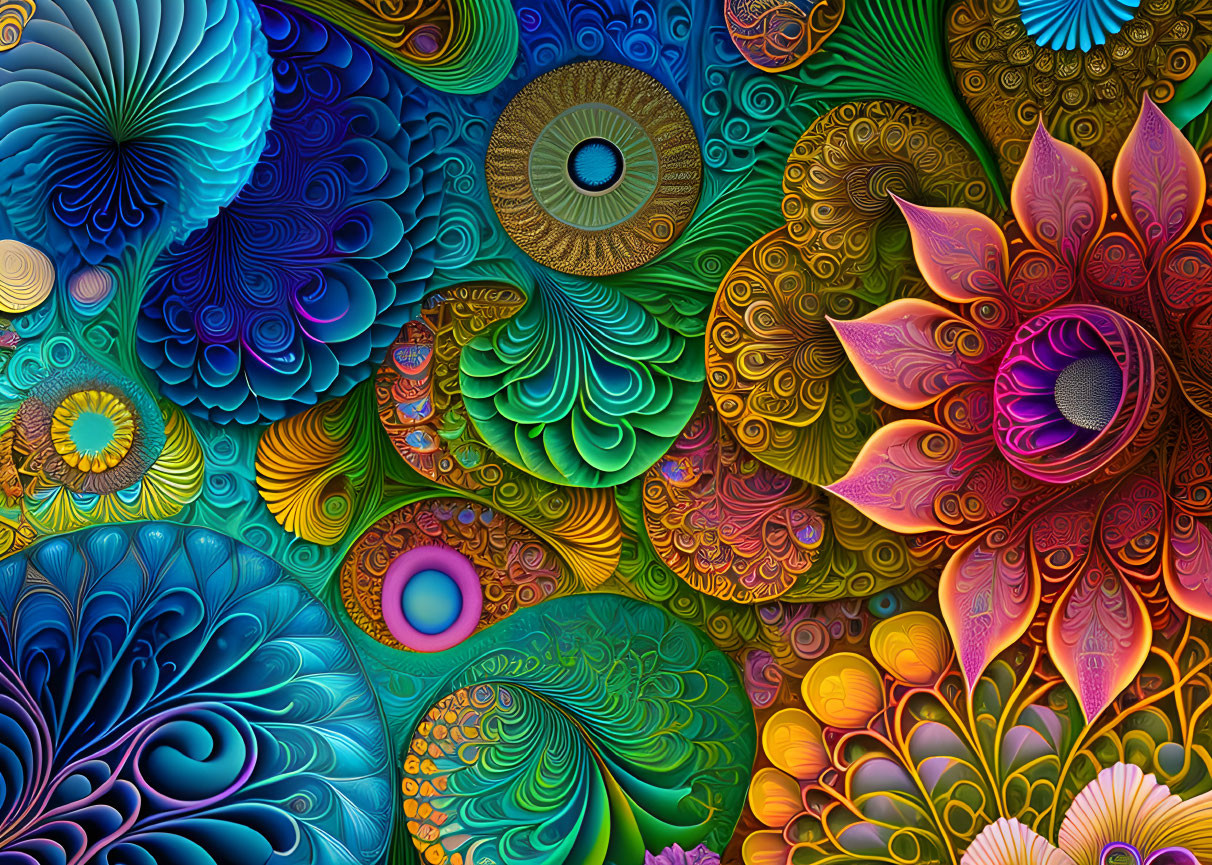 Colorful fractal image with intricate flower and peacock feather patterns