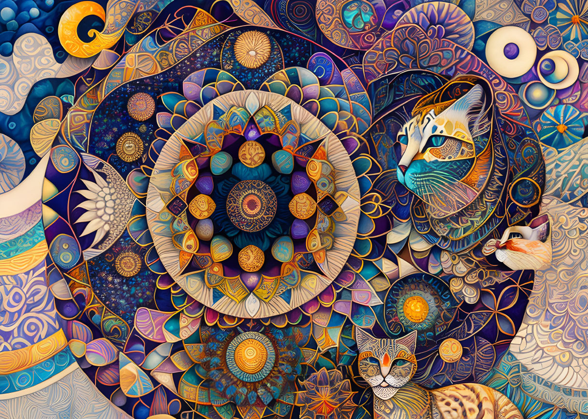 Colorful psychedelic art with eye, fish, cat, feather motifs