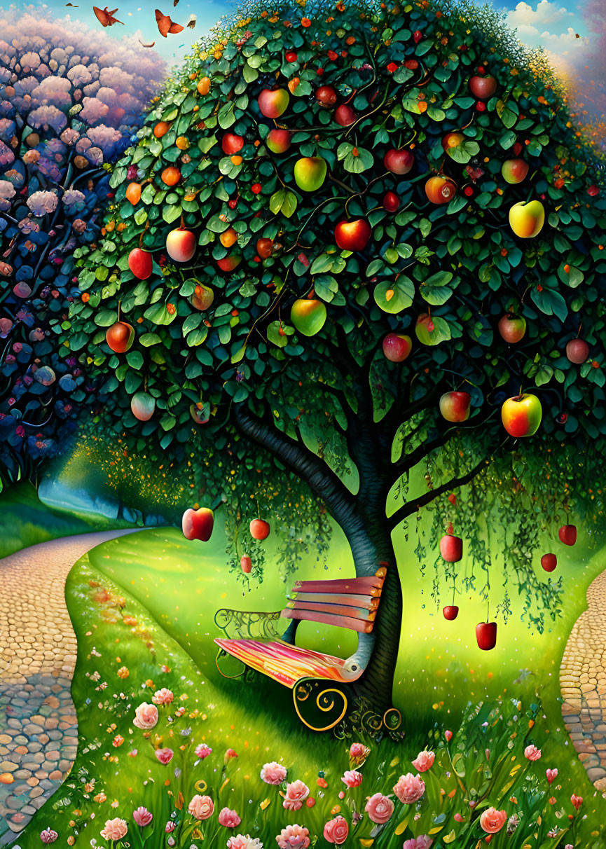 Colorful Tree with Multicolored Apples in Fairytale Setting