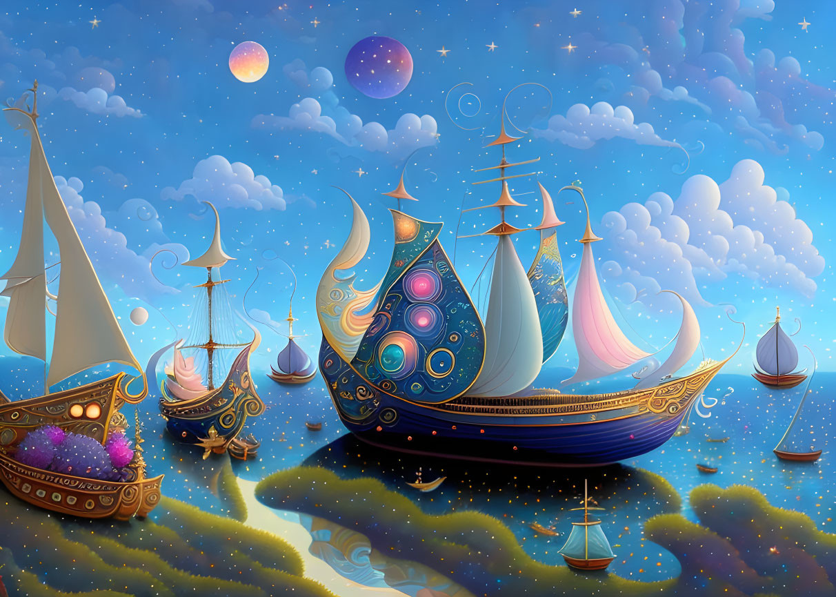 Whimsical fantasy illustration of colorful ships on starry sea