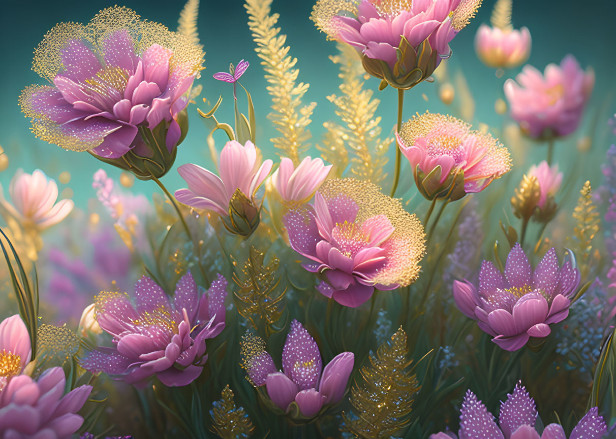 Pink Flowers with Dewdrops in Wheat-like Plants on Teal Background