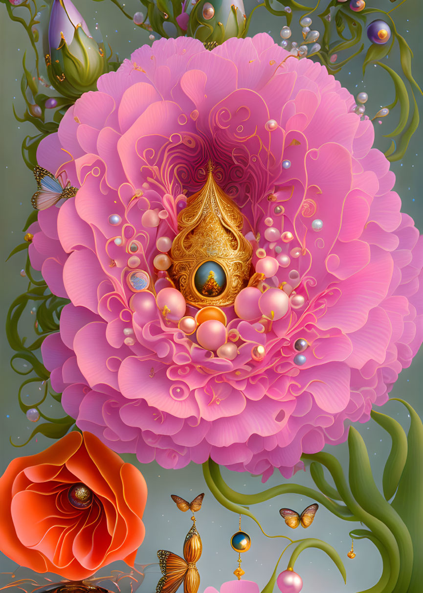 Detailed pink flower with gold, pearls, orange blooms, bubbles, and butterflies