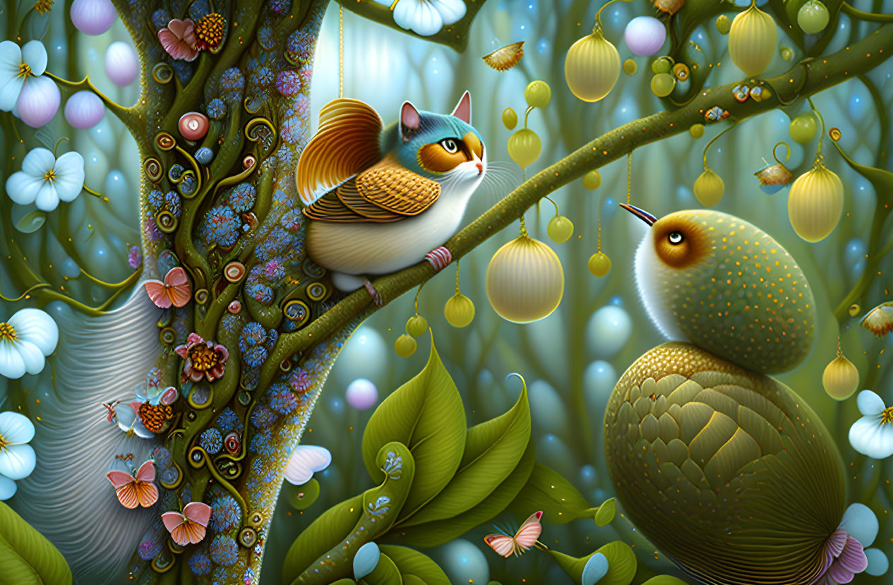 Whimsical stylized birds in lush vegetation with lantern-like fruits under blue glow