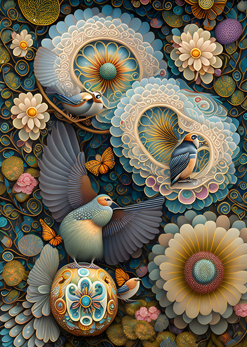 Detailed artwork of stylized birds and floral patterns in rich textures and warm/cool colors