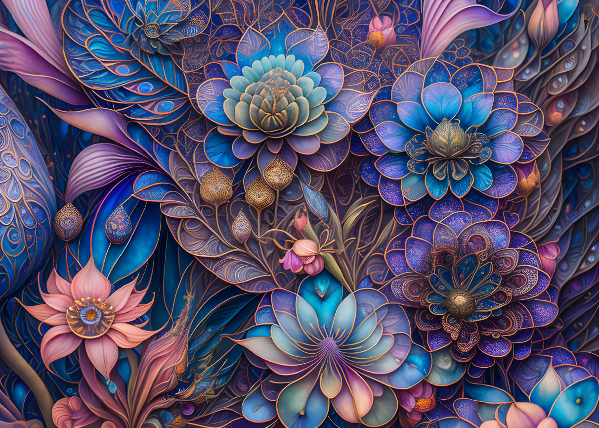 Colorful floral artwork with intricate patterns in blue and purple hues