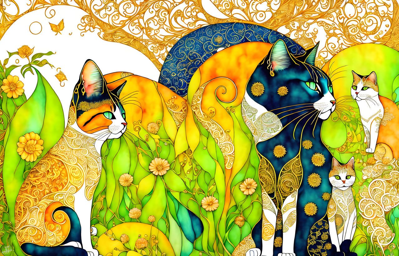 Colorful Stylized Cats with Floral Designs and Butterflies