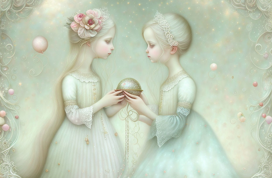 Ethereal girls in pastel dresses with magical orb in whimsical setting