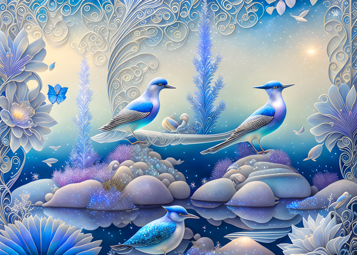 Fantastical illustration of vibrant blue birds, lush flora, marine life, dreamy butterfly under star