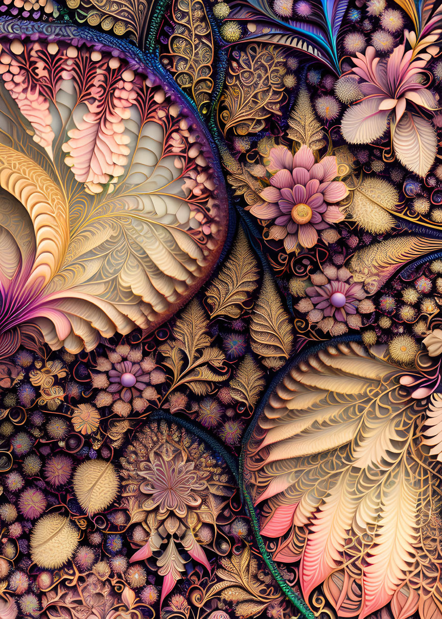 Colorful Digital Fractal Art: Feathers and Flowers in Pink, Gold, and Blue