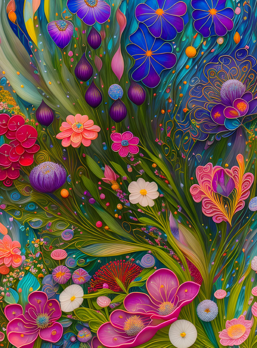 Colorful Floral Illustration Featuring Vibrant Flowers and Leaves