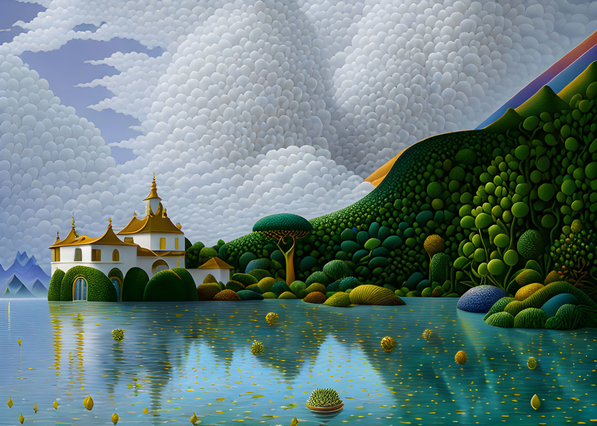 Tranquil lake, green hills, golden-roofed building, fluffy clouds