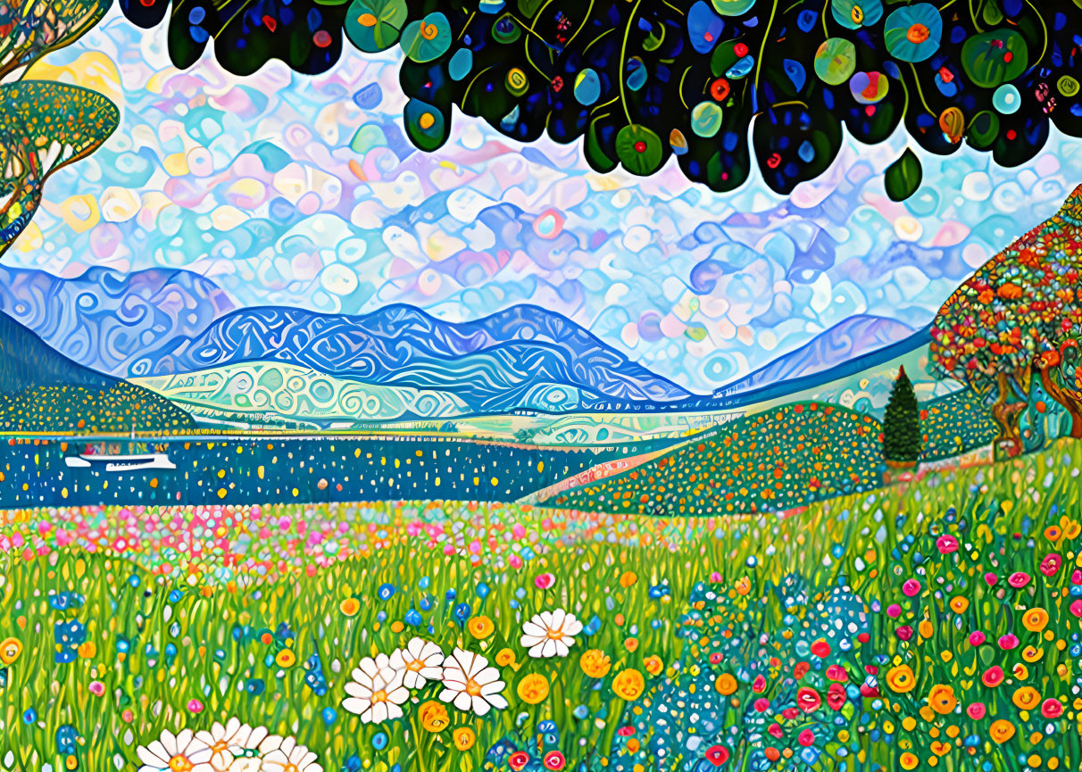 Vibrant landscape painting with swirling patterns, floral meadow, boat, mountains, and whimsical