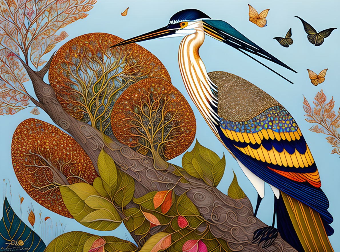 Colorful stylized heron illustration with intricate patterns, perched on branch with butterflies and foliage.