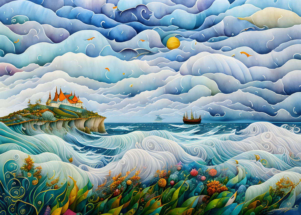 Colorful seascape with waves, castle, ship, fish, and cloudy sky