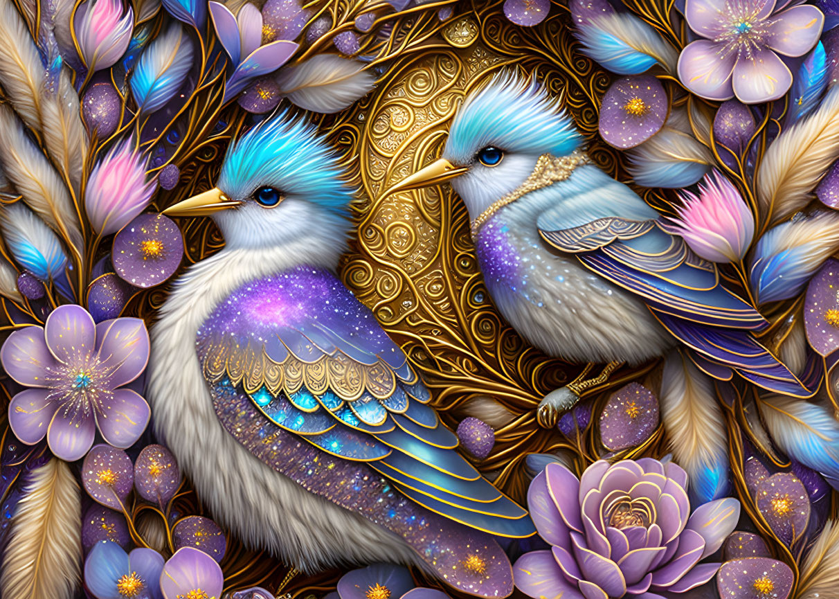 Colorful celestial birds with starry feathers, gold accents, and purple flowers on a decorative backdrop.