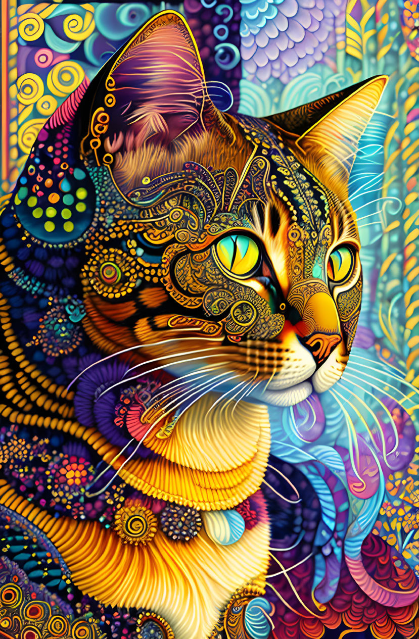 Colorful Psychedelic Cat Artwork with Yellow Eyes and Intricate Patterns