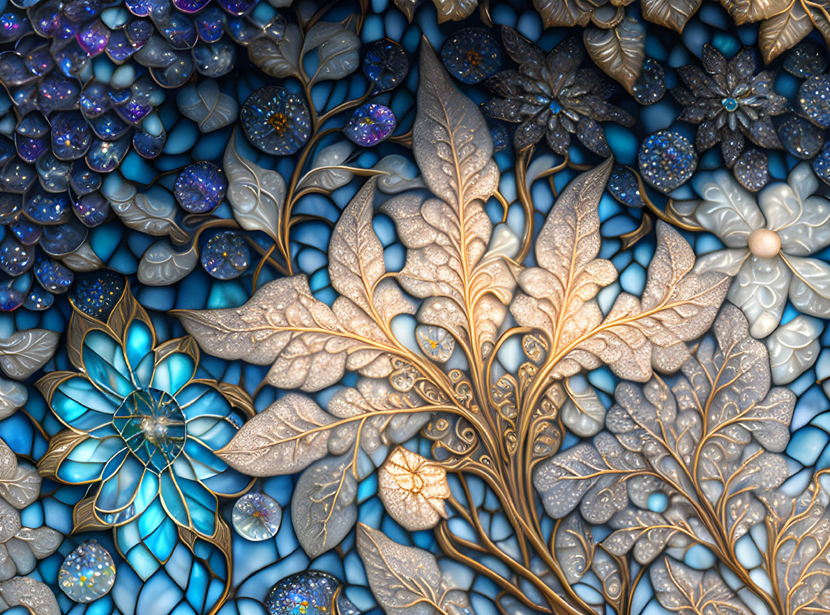 Detailed metallic tree with textured leaves in digital artwork