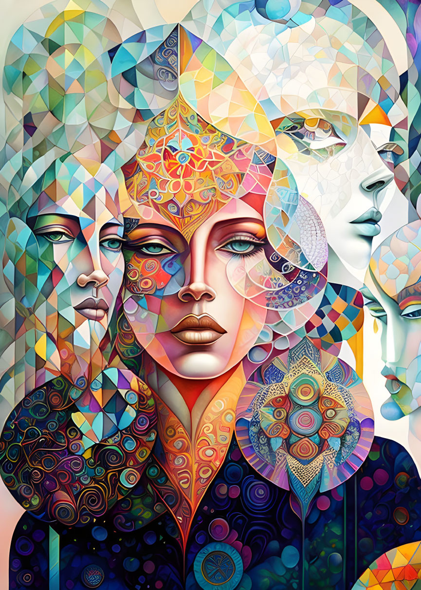 Vibrant abstract art with overlapping faces & geometric patterns