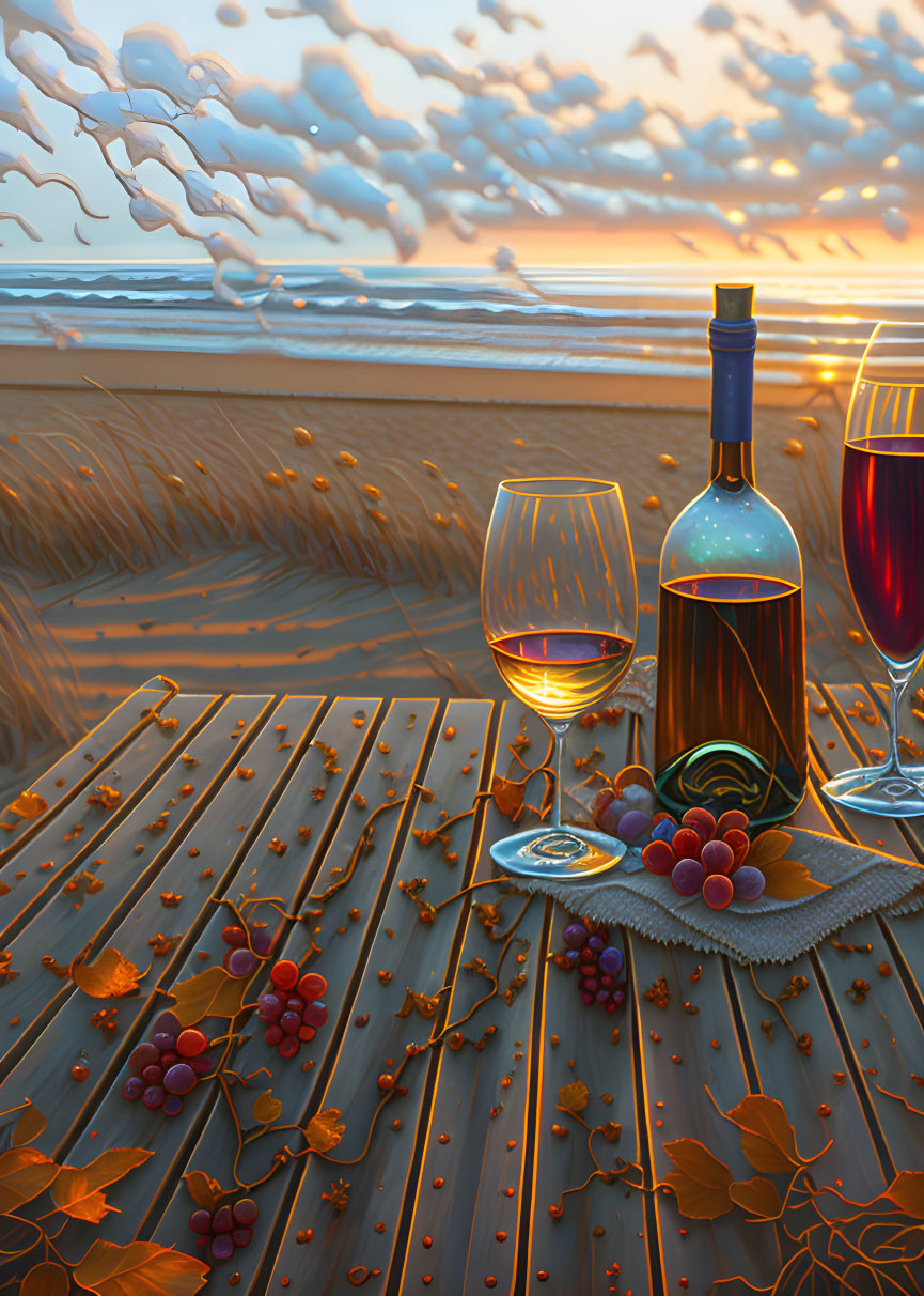 Tranquil beach scene with wine, grapes, and autumn leaves at sunset