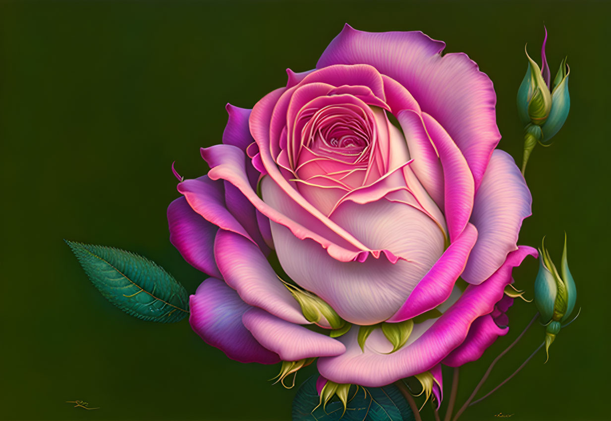 Detailed vibrant pink rose illustration on dark background with green leaves and unopened buds