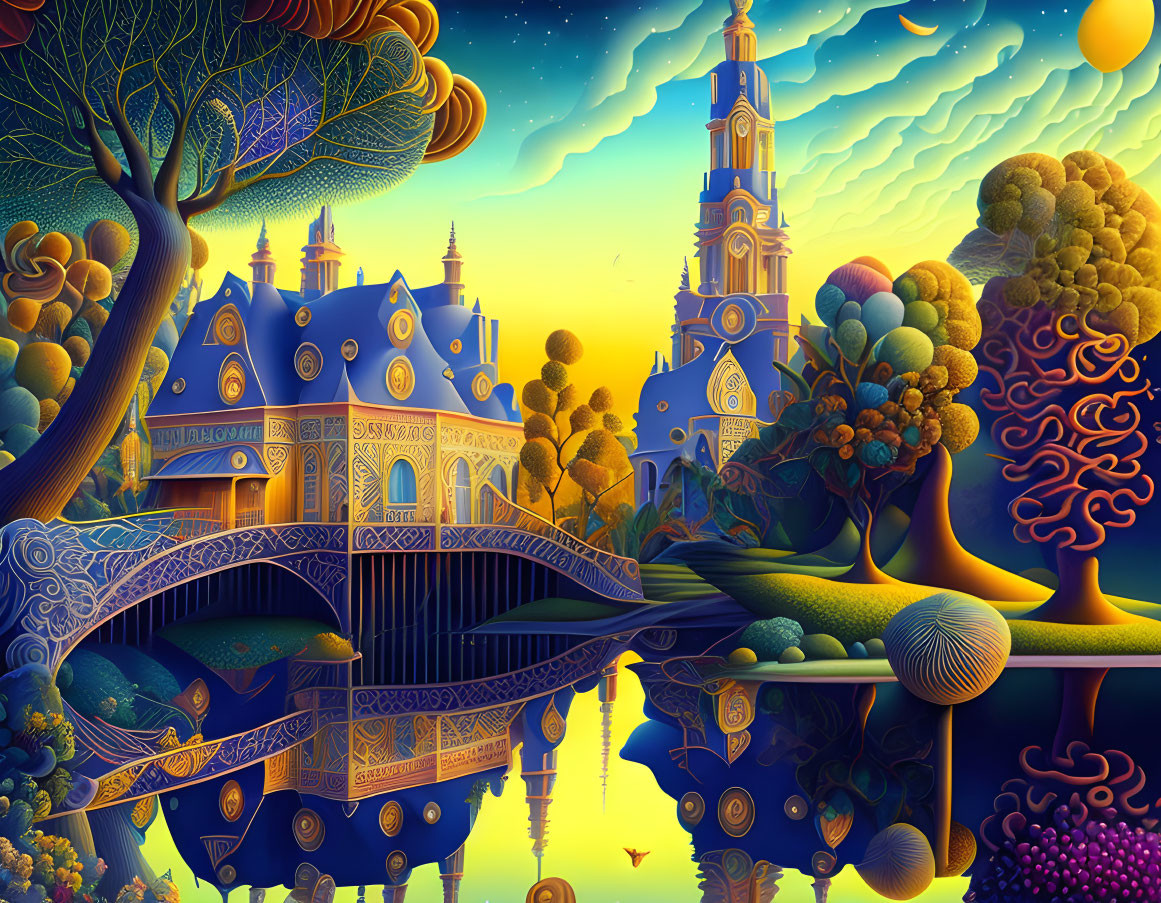 Colorful Castle and Surreal Landscape with Reflective River at Sunset