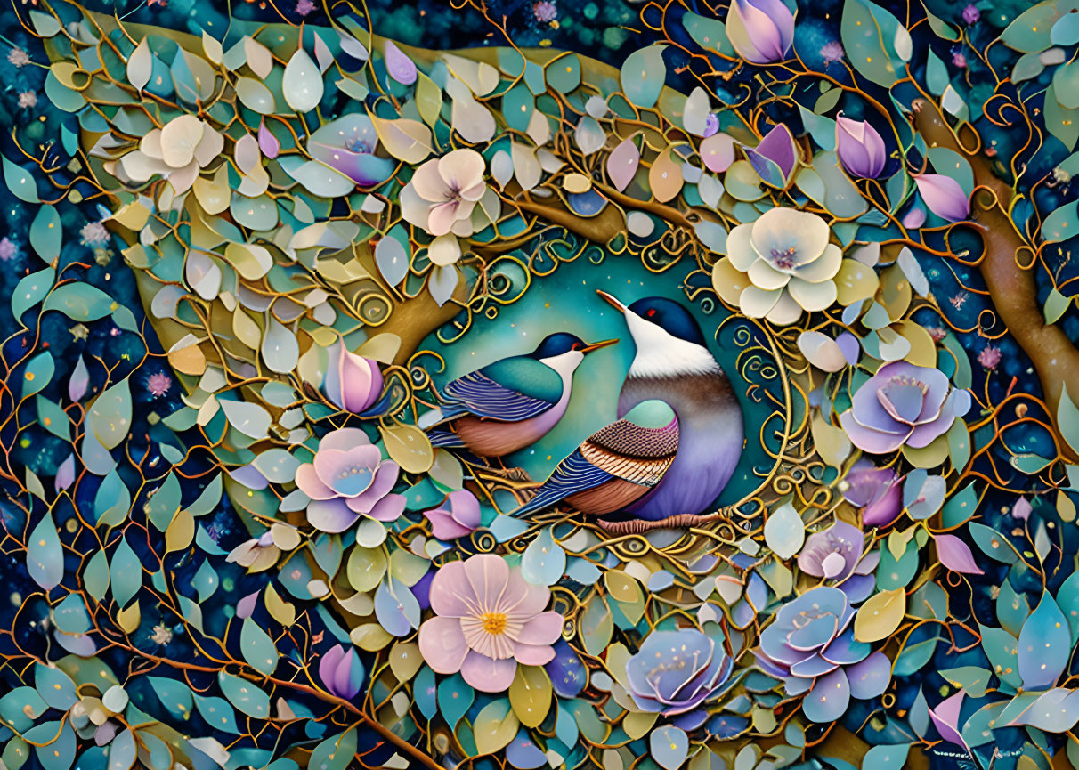 Stylized birds among vibrant flowers and ornate branches on starry backdrop