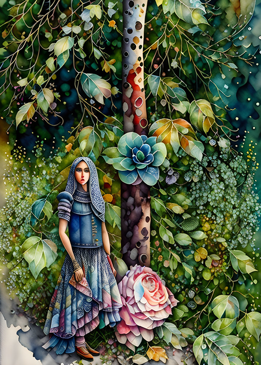 Colorful artwork of woman in patterned dress surrounded by vibrant flowers and whimsical tree