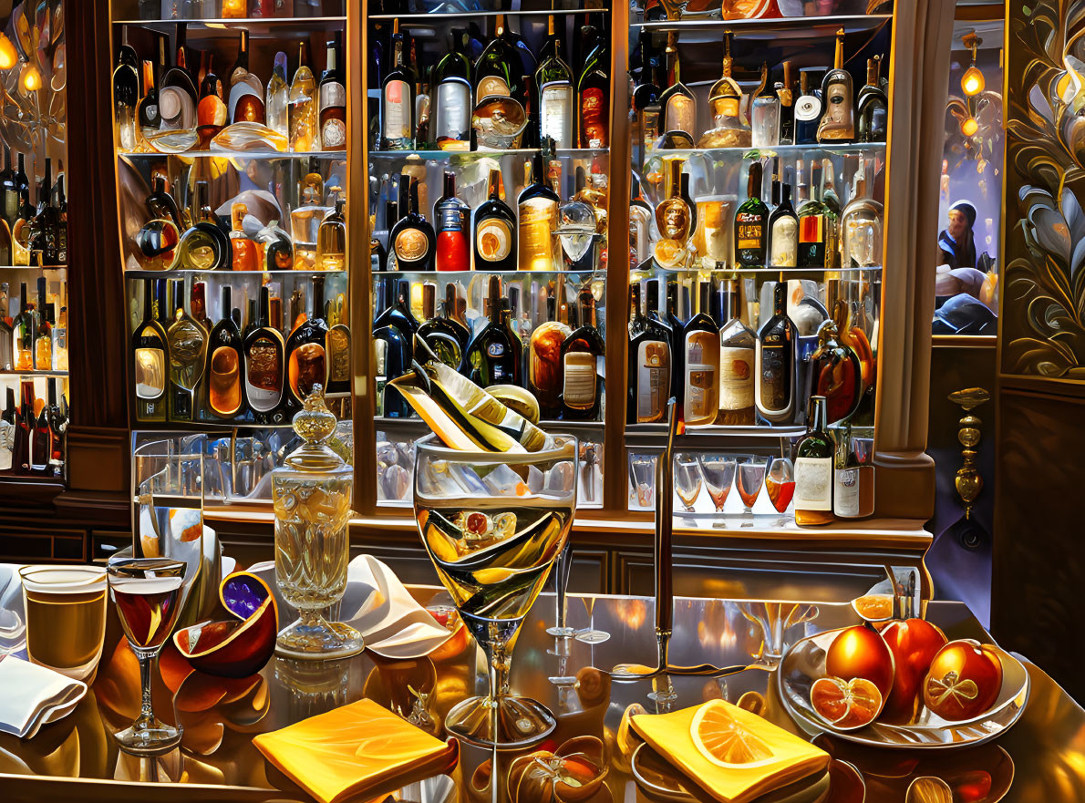 Luxurious Bar Interior with Wine Bottles, Liquor, and Fresh Fruit