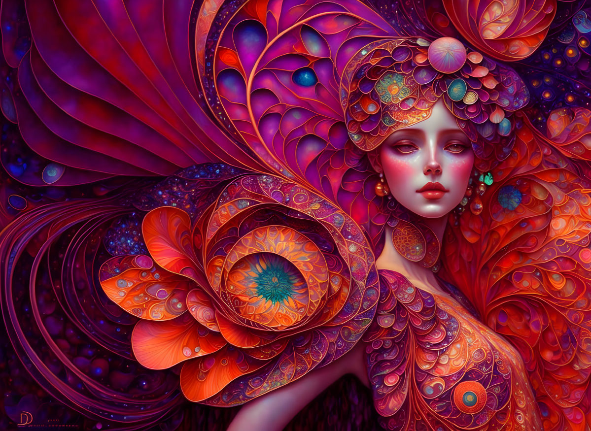 Colorful digital artwork: Woman with floral patterns in red, purple, and orange