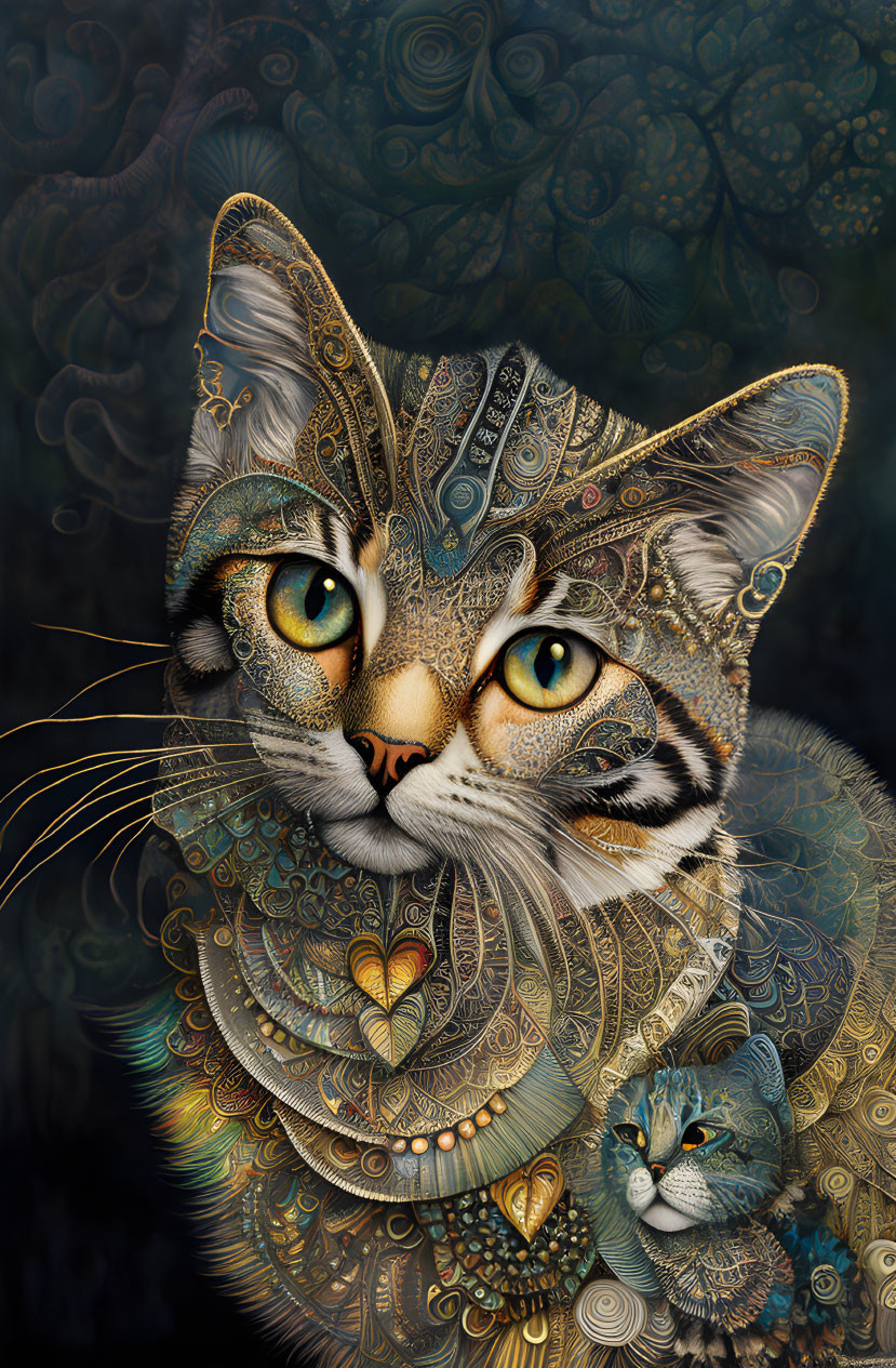 Detailed Digital Artwork: Ornate Cat with Yellow Eyes and Heart Motifs