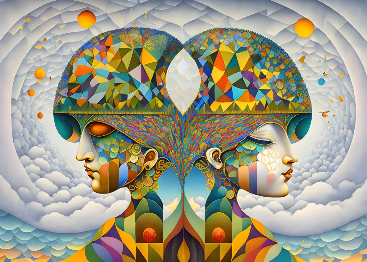 Symmetrical stylized faces with intricate patterns on celestial backdrop