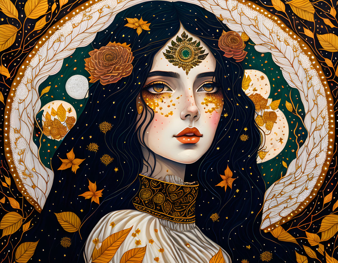 Illustrated woman with star-speckled skin in celestial setting