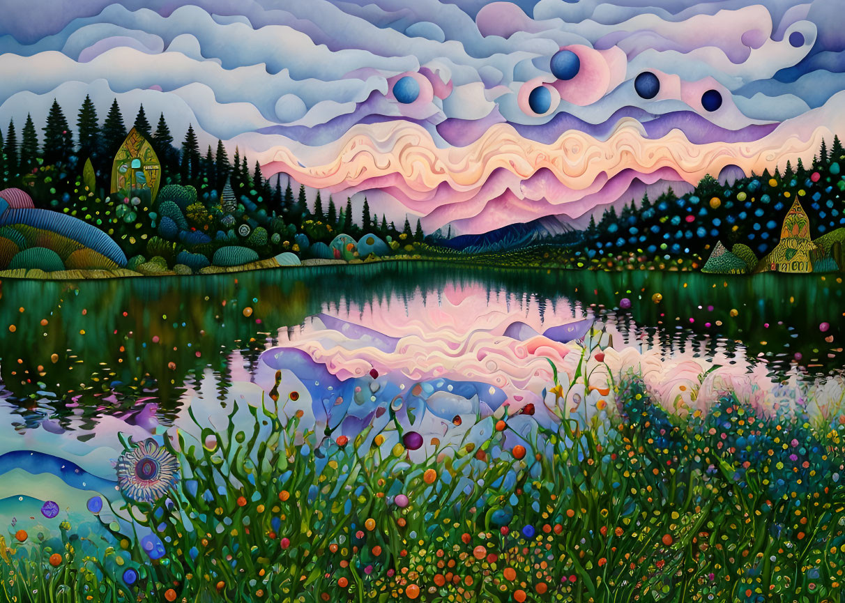 Colorful Landscape Painting with Whimsical Hills and Serene Lake