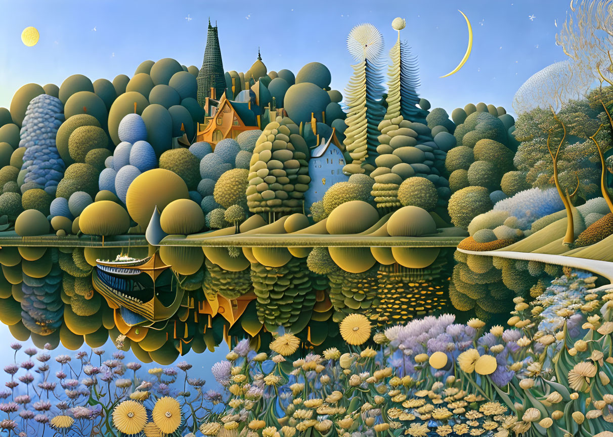 Surreal landscape painting with lake, spherical trees, whimsical houses, moon, flowers, boat