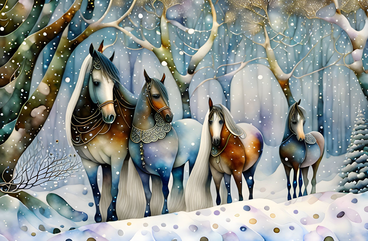 Stylized horses in snowy forest with gentle snowfall