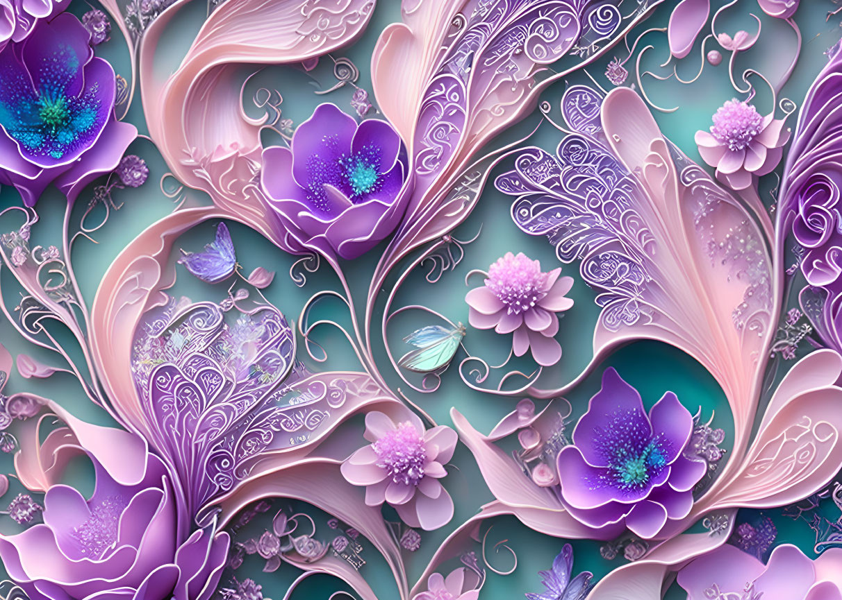 Abstract digital artwork: Intricate purple, pink, and teal flowers and leaves.