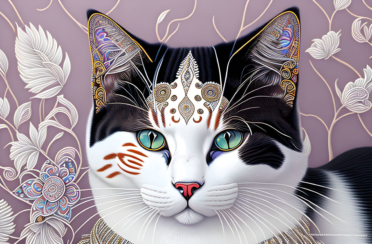 Detailed Black and White Cat Illustration with Gold Ornate Patterns