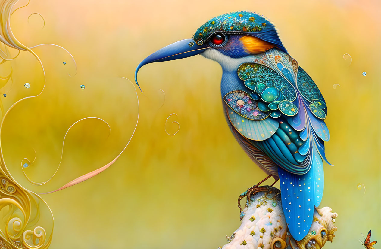 Colorful bird illustration with intricate patterns and jewel-toned colors on a decorated surface.